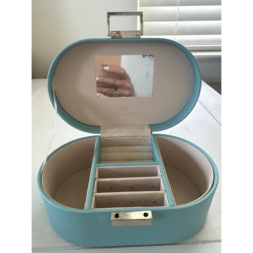 Vlando Vintage Turquoise Blue Travel Jewelry Box Oval Organizer Mirror